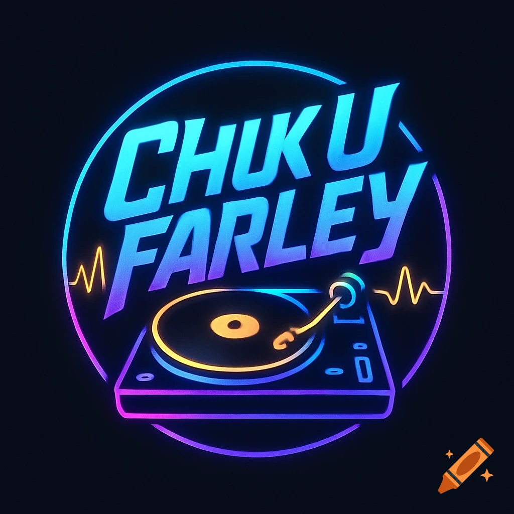 Neon logo with blue and purple gradient text 'CHUK U FARLEY' above an orange and purple outlined turntable, against a dark background.