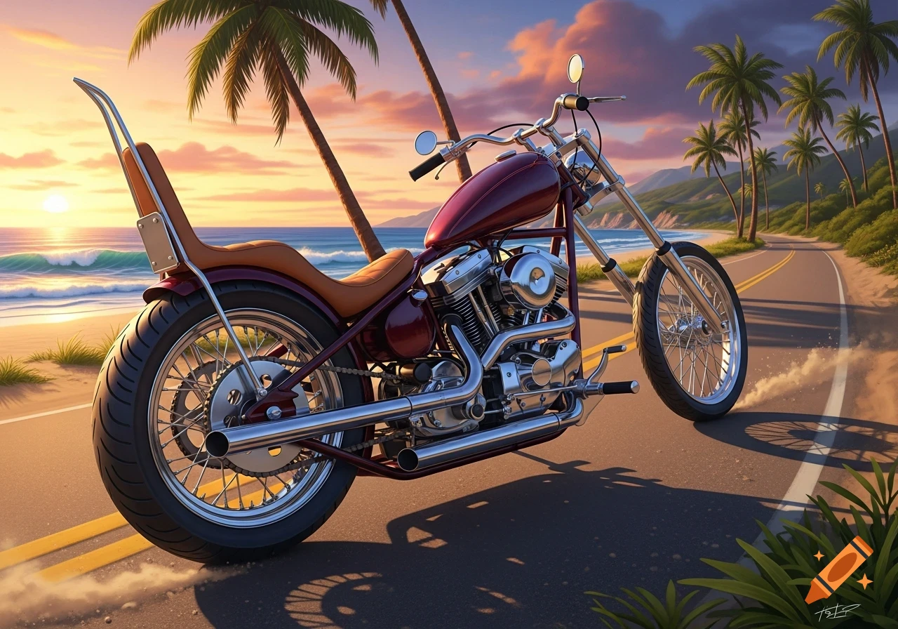 A burgundy chopper motorcycle with a tan seat on a beach road at sunset, with palm trees and ocean waves.