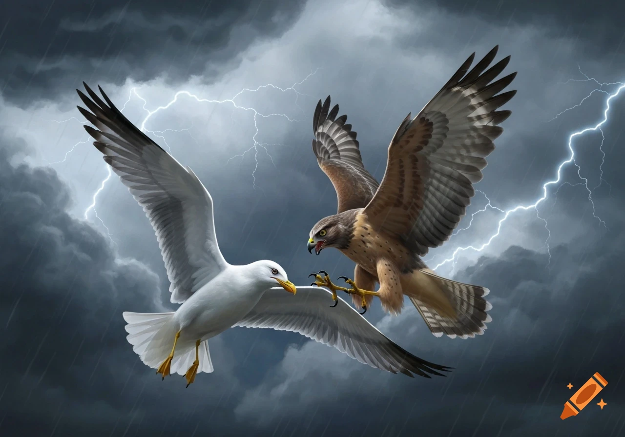 A hawk and a seagull confront each other mid-flight against a dark, stormy sky with lightning and rain.