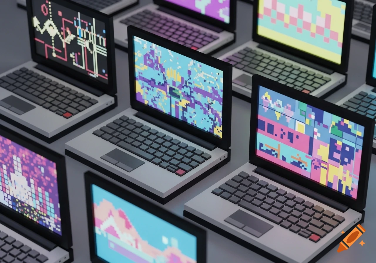Multiple pixelated laptops with colorful abstract patterns on their screens, arranged in a grid.
