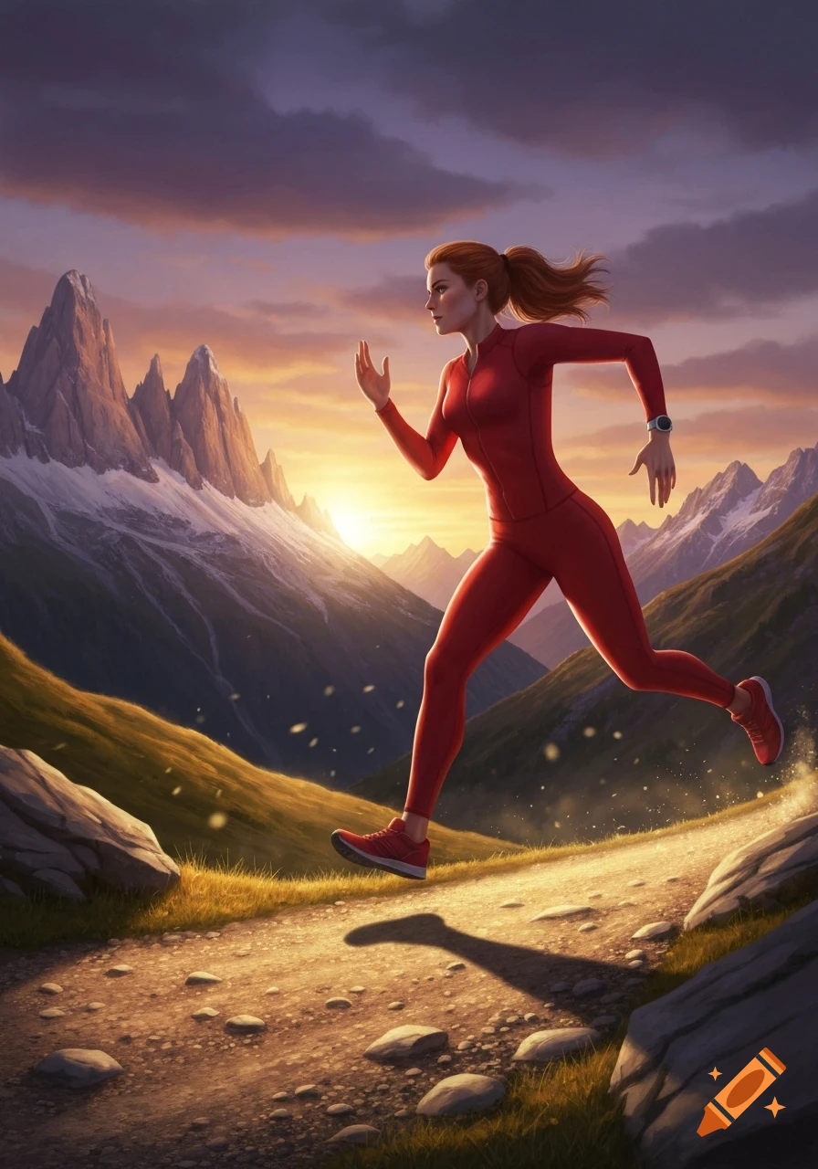 A woman in a red running suit jogs on a mountain path at sunset, with snow-capped peaks in the background, illustrated style.