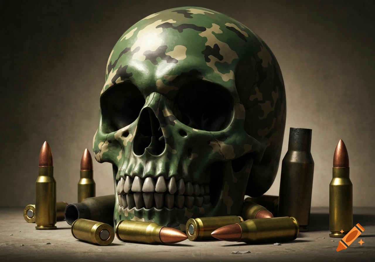 A photorealistic skull in green camouflage, surrounded by gold bullets and shell casings on a dark, gritty surface.