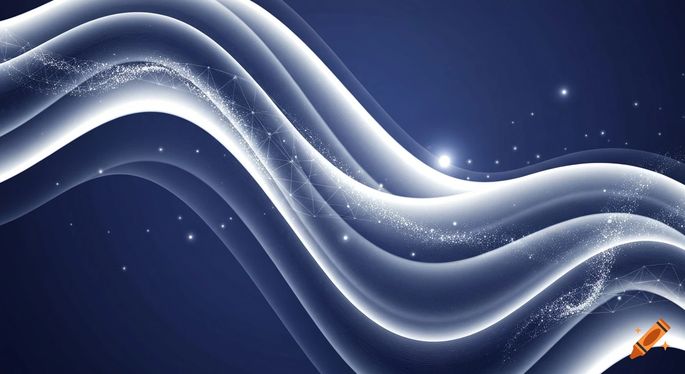 Abstract dark blue background with glowing white wavy lines, sparkling particles, and bright light flares.