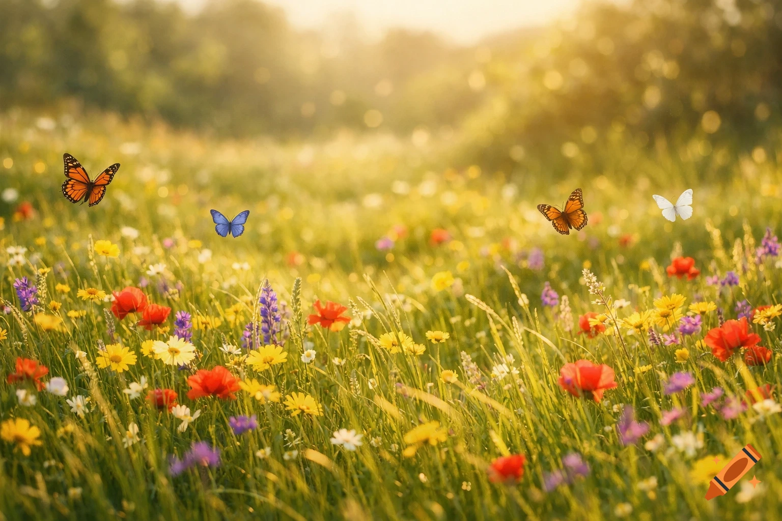 A vibrant meadow filled with colorful wildflowers, green grass, and several butterflies flying in golden sunlight.
