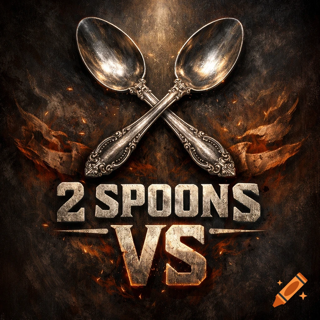 Two ornate silver spoons crossed over a dark, fiery grunge background with the text '2 SPOONS VS' in a heavy metal style.