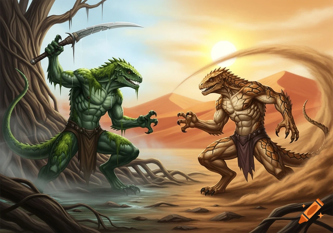 A green swamp lizardman with a sword duels a brown desert lizardman in a dynamic fantasy scene, split between a misty swamp and a sunny desert.