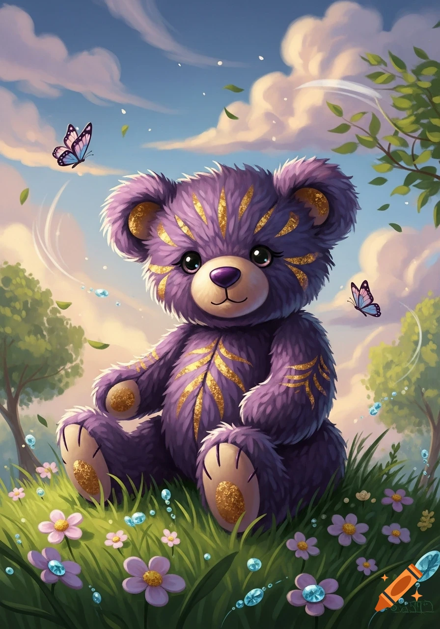 A whimsical purple and gold teddy bear sits in a grassy field with purple flowers and butterflies under a cloudy blue sky.