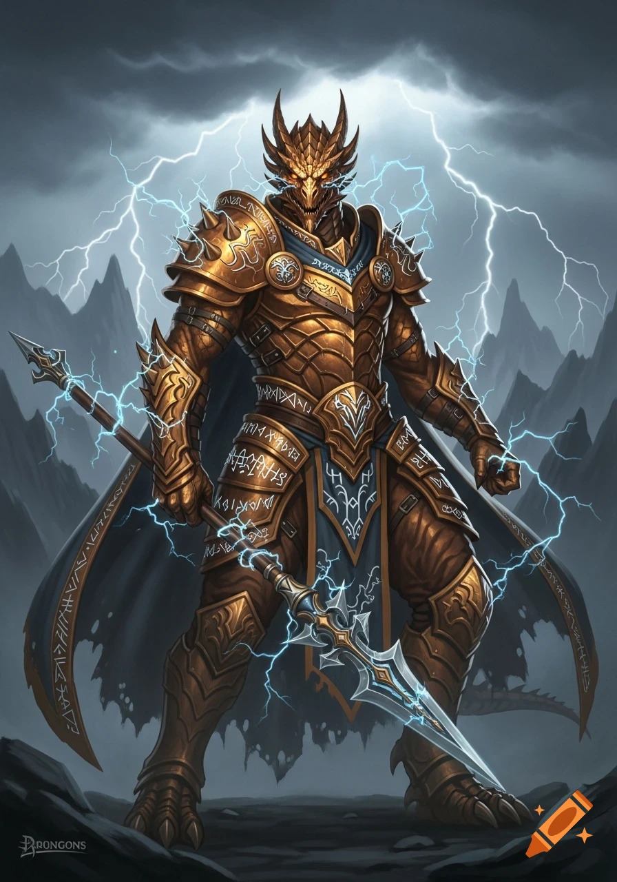 A bronze dragon-like knight in ornate golden armor, wielding a spear crackling with blue lightning, stands under a stormy sky with lightning bolts in a mountainous landscape.