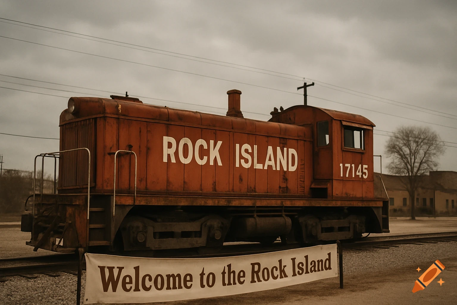 A weathered red-orange vintage railroad engine with "ROCK ISLAND" and "17145" on its side, on a gravel platform with a "Welcome to the Rock Island" banner, under a cloudy sky with a leafless tree and industrial buildings in the background. Photorealistic style.