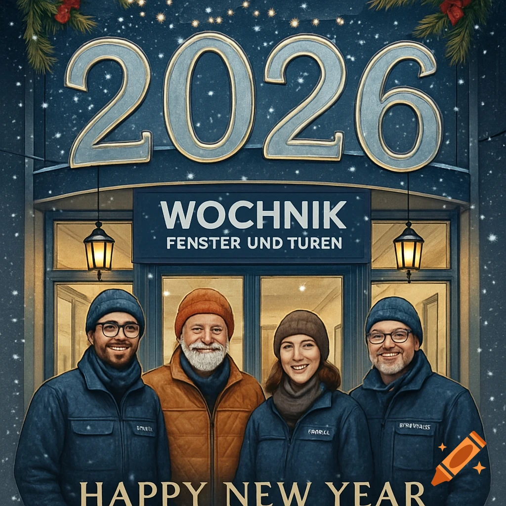 Four smiling people, three men and one woman, stand in front of a blue building decorated with Christmas lights and snowflakes. Above them are large silver numbers '2026' and a sign that reads 'WOCHNIK FENSTER UND TUREN'. At the bottom, 'HAPPY NEW YEAR' is written.