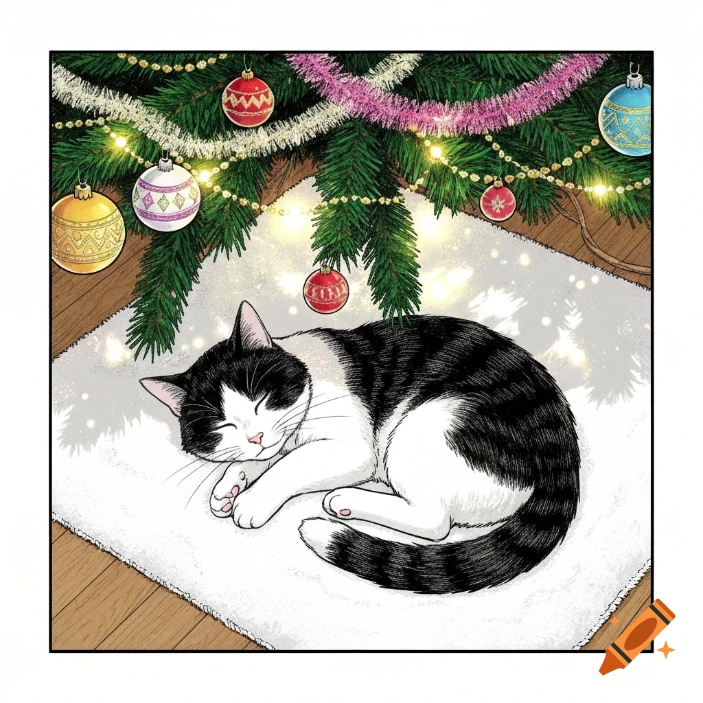 A black and white cat sleeps soundly under a decorated Christmas tree on a white rug, in a manga art style.