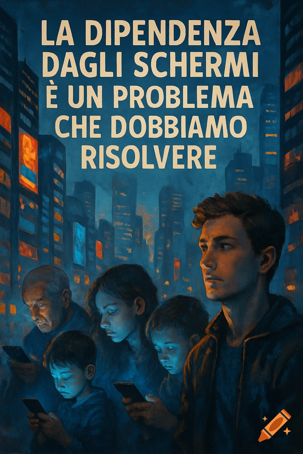 Stylized digital painting of a diverse family in a city at night, all engrossed in glowing smartphones. Text says 'Screen addiction is a problem we must solve'.