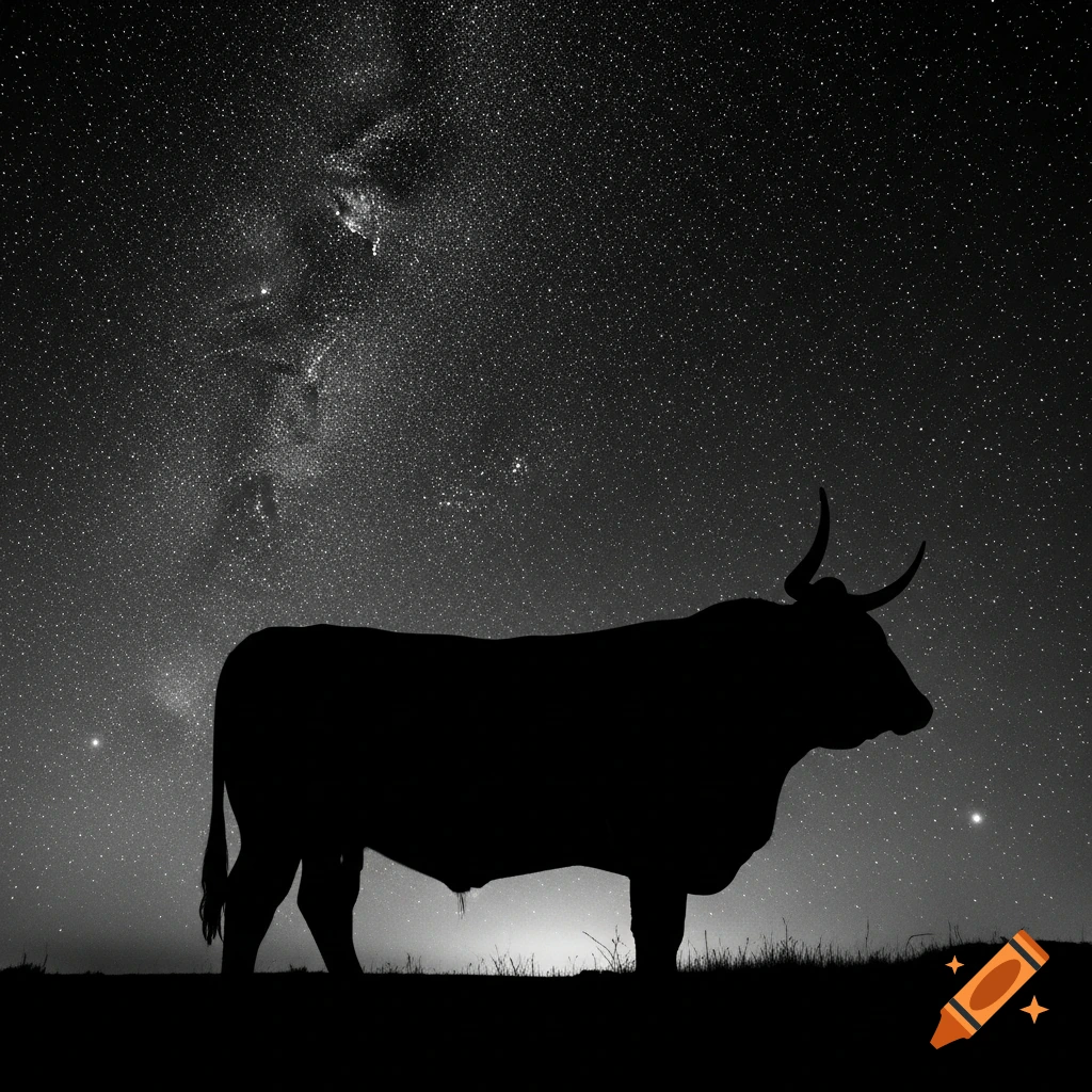 Black and white silhouette of a steer standing on a horizon under a vast starry night sky.