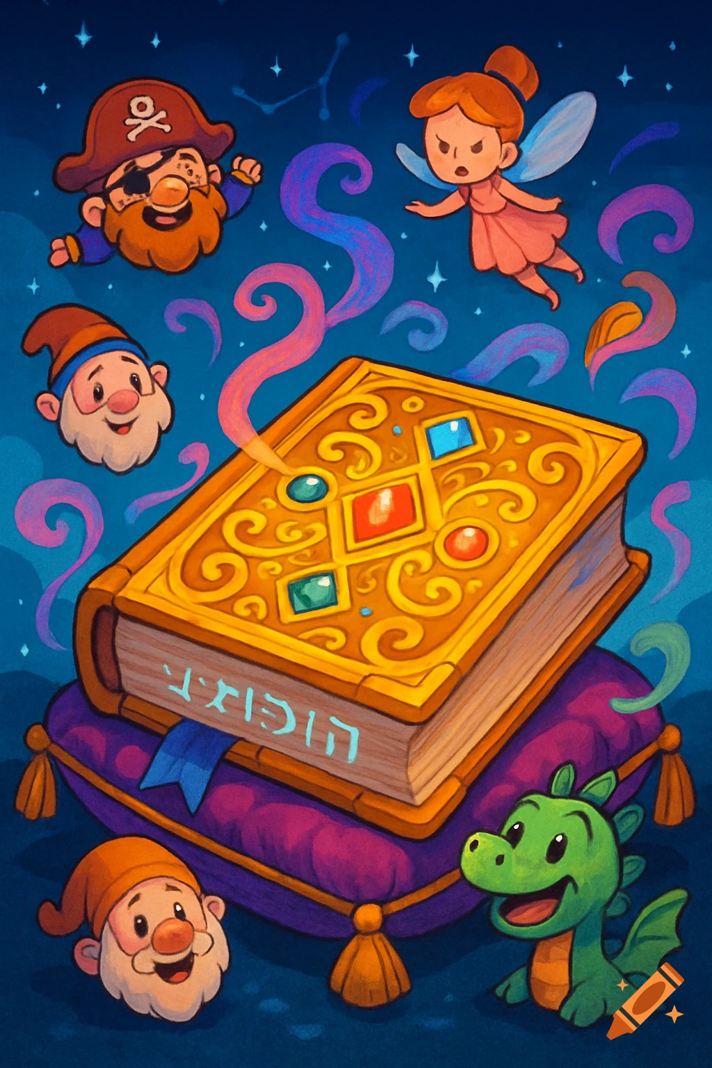 A vibrant cartoon illustration of a golden, jeweled book on a purple cushion, surrounded by a pirate, gnomes, fairy, and baby dragon.