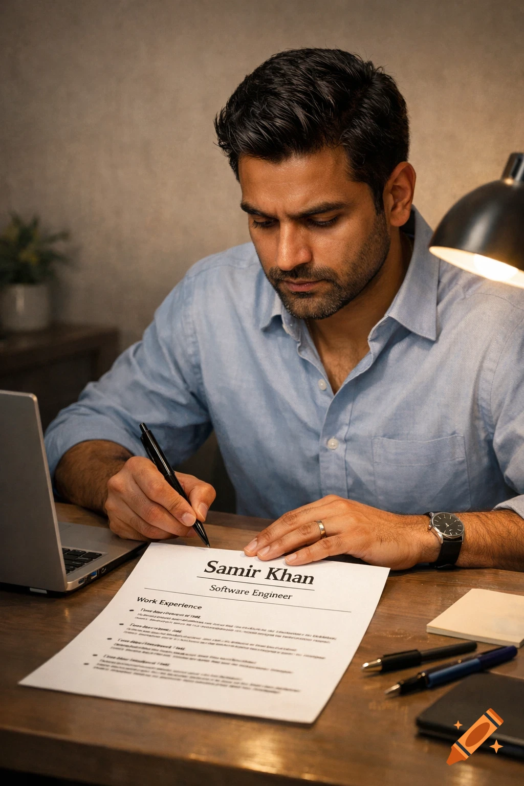 A well-groomed man wearing a light blue shirt writes on a resume titled "Samir Khan, Software Engineer" at a wooden desk with a laptop and a lamp.