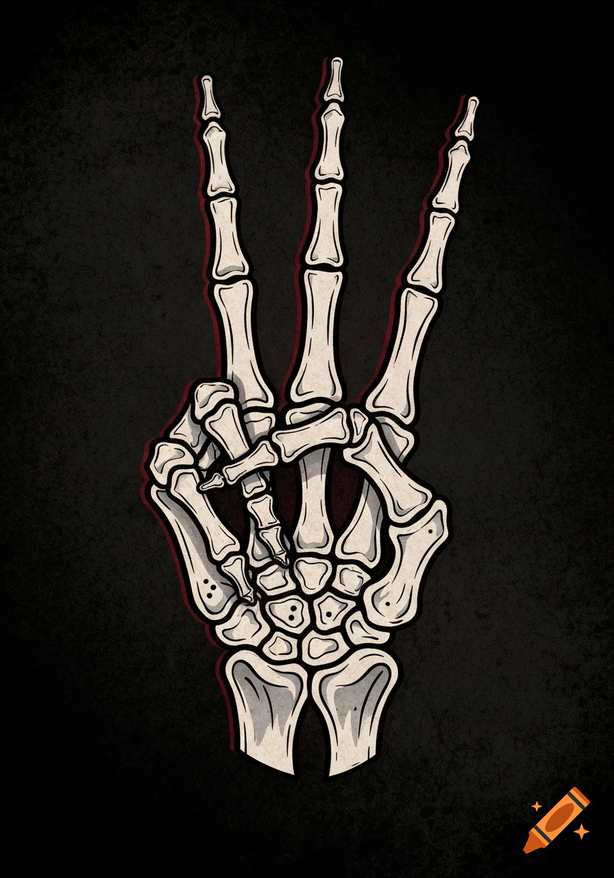 A stylized illustration of a skeleton hand making a peace sign against a dark textured background.