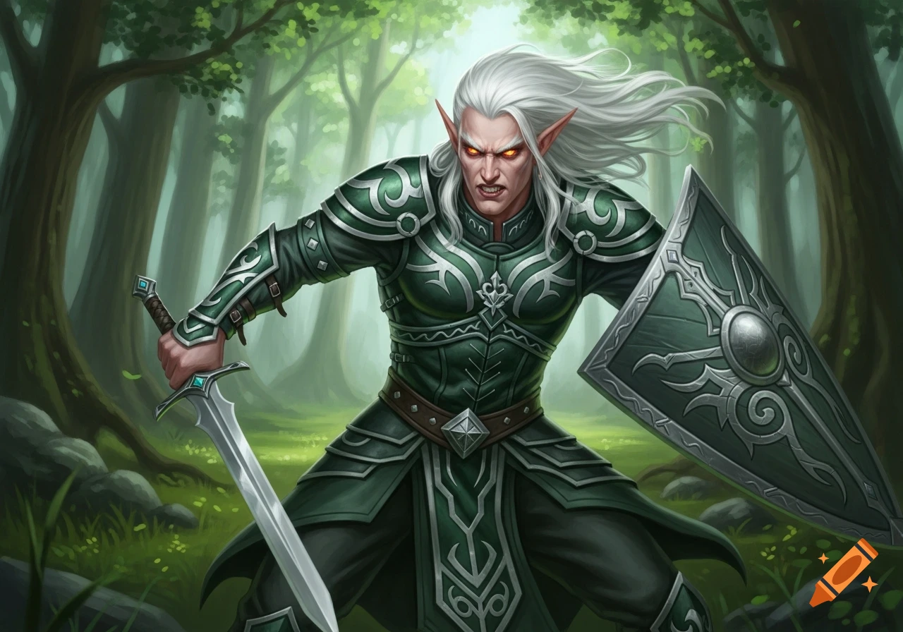 A pale elf warrior in green armor with a sword and shield stands menacingly in a forest, fantasy art.