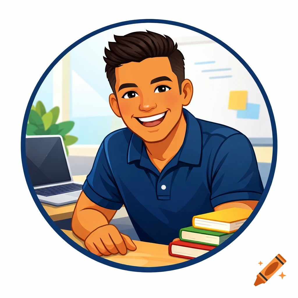 Friendly young adult male avatar with a warm smile, sitting at a desk with a laptop and books, in a clean digital art style.