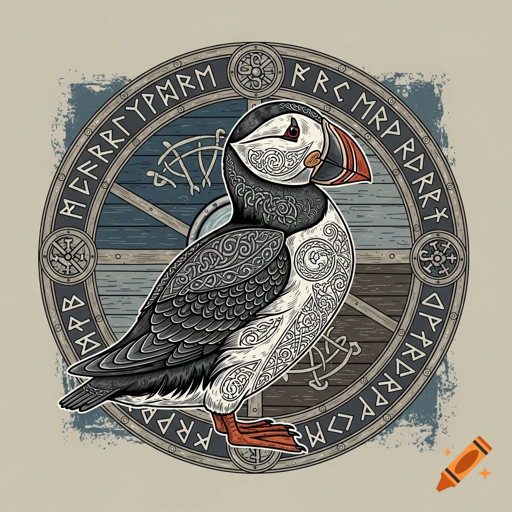 Stylized illustration of a puffin with intricate patterns, against a round viking shield with rune-like text.