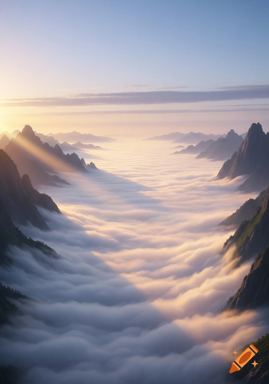 A breathtaking landscape of rugged mountains rising above a vast sea of clouds, illuminated by the golden light of a sunrise or sunset.