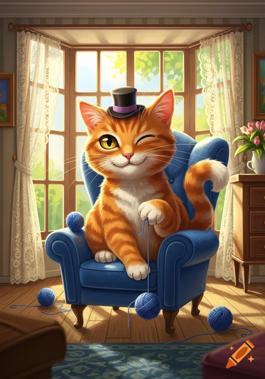 A winking orange tabby cat wearing a tiny top hat sits in a blue armchair, playing with blue yarn in a sunlit room.