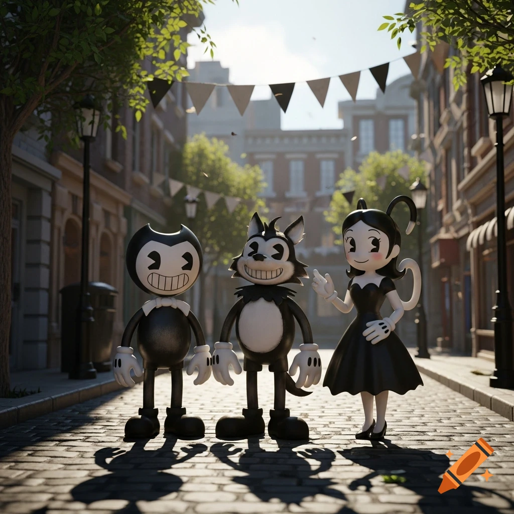 A 3D render of Bendy, Boris, and Alice Angel standing on a cobblestone street in a city with buildings and trees.