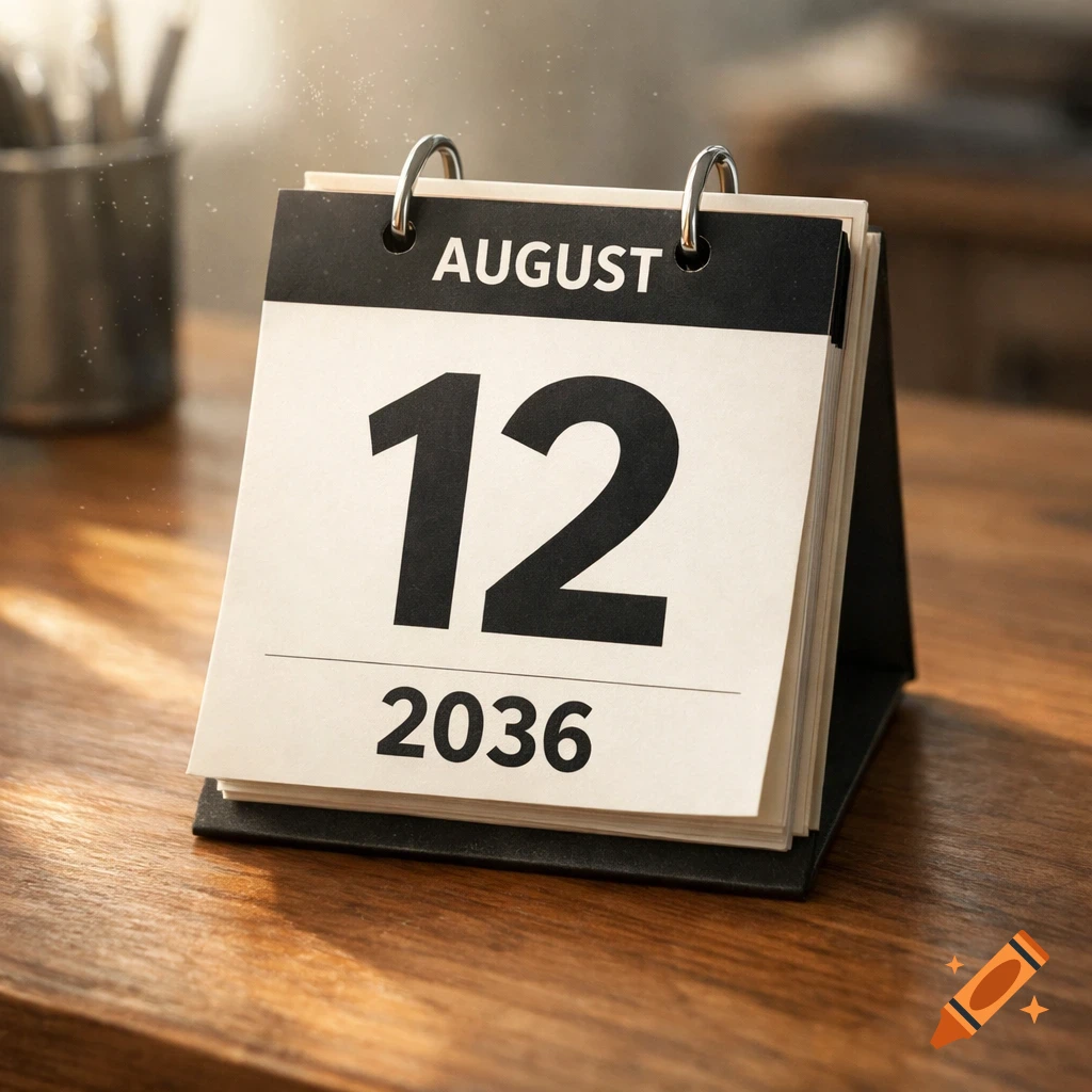 A desk calendar showing August 12, 2036, brightly lit on a wooden desk.