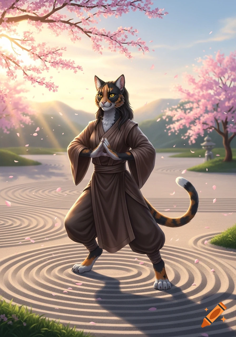A calico cat-like monk in a martial arts pose stands in a Japanese rock garden with pink cherry blossoms and falling petals.