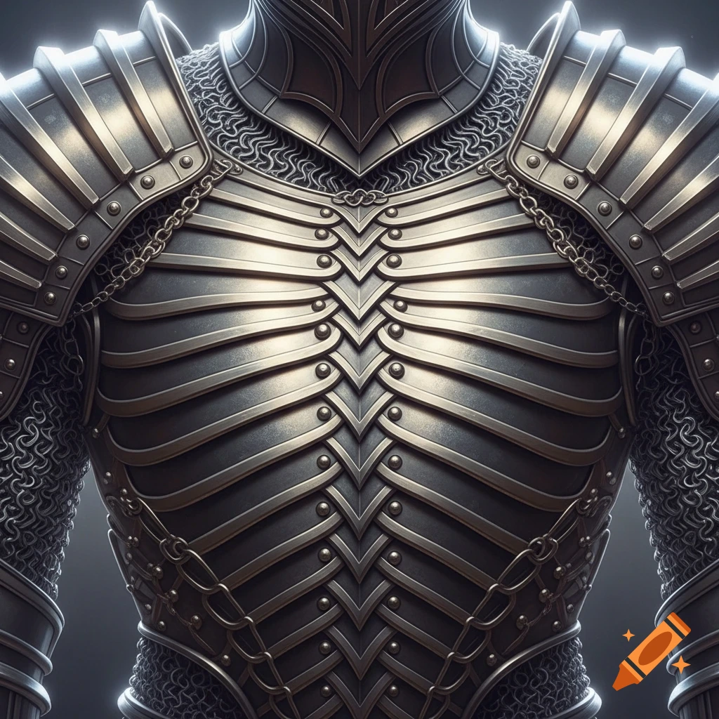 Close-up of an ornate fantasy armor, featuring intricate chainmail and layered metal plates with rivet details.
