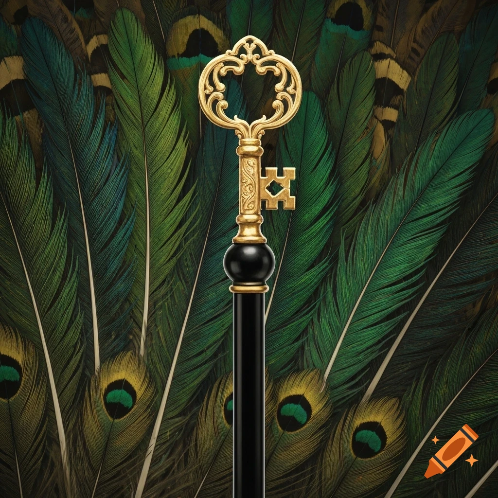 A golden ornate key with a black handle stands upright against a backdrop of green and gold peacock feathers.