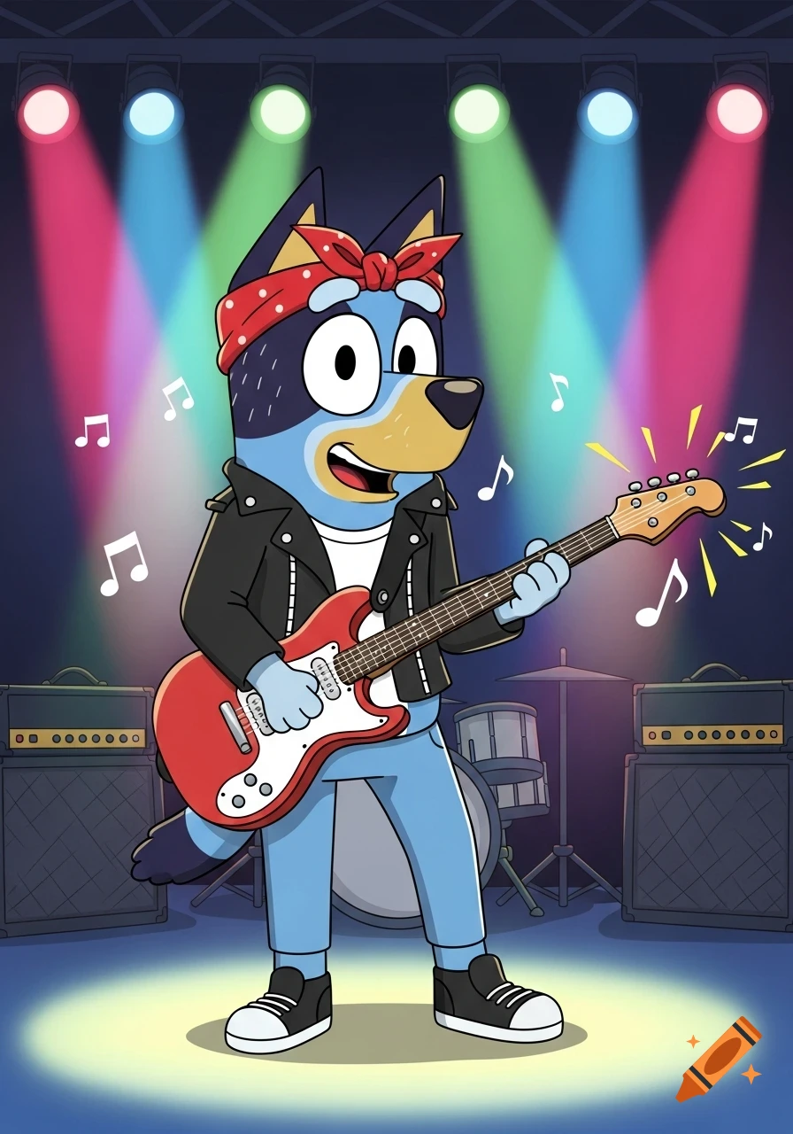 Bluey Heeler playing an electric guitar on a stage with colorful spotlights, wearing a red bandana, leather jacket, and jeans.