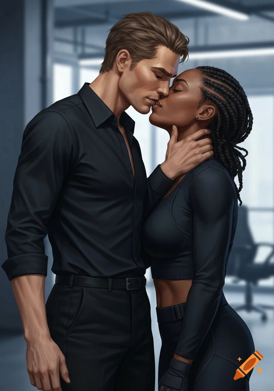 A man in a black shirt and a woman with braided hair in a black top kissing passionately in a modern office, digital art style.