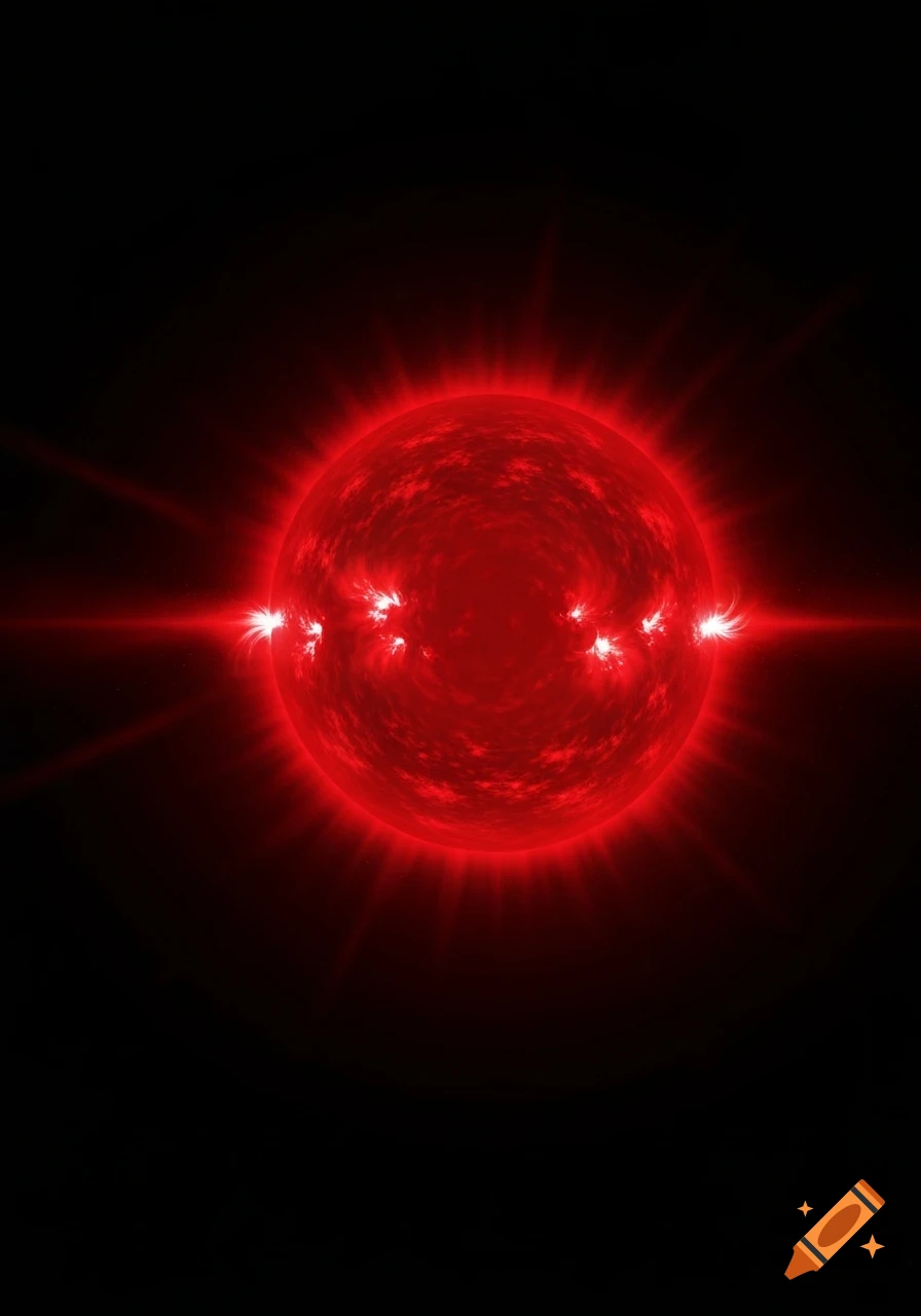 A vibrant red sun with bright flares and a textured surface against a deep black background.