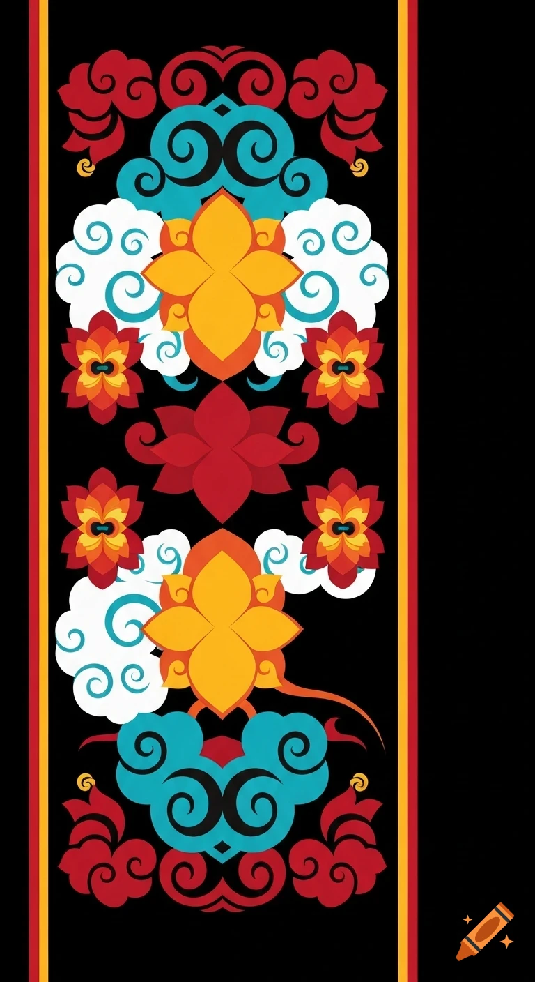Vertical traditional Korean-inspired pattern featuring symmetrical abstract lotus flowers and cloud motifs in blue, red, yellow, and white on a black background.