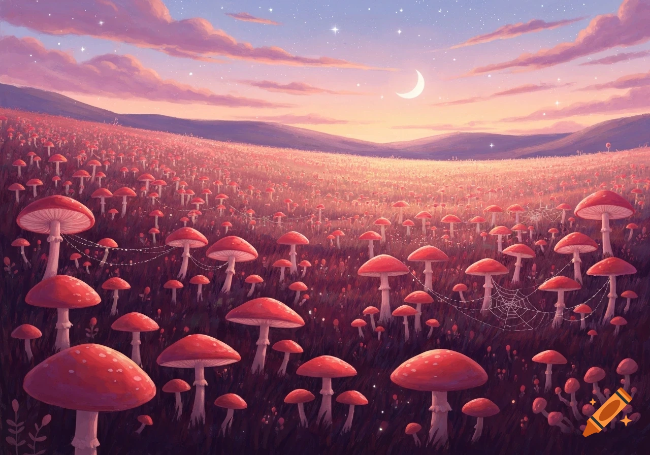 A whimsical field of red mushrooms under a twilight sky with pink clouds, stars, and a crescent moon.