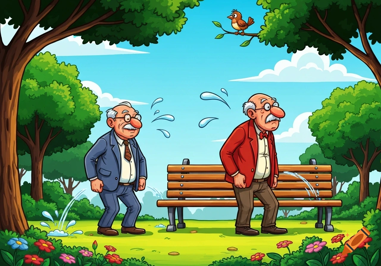 Two elderly cartoon men comically urinating in a park with trees, a bench, and flowers, observed by a bird.