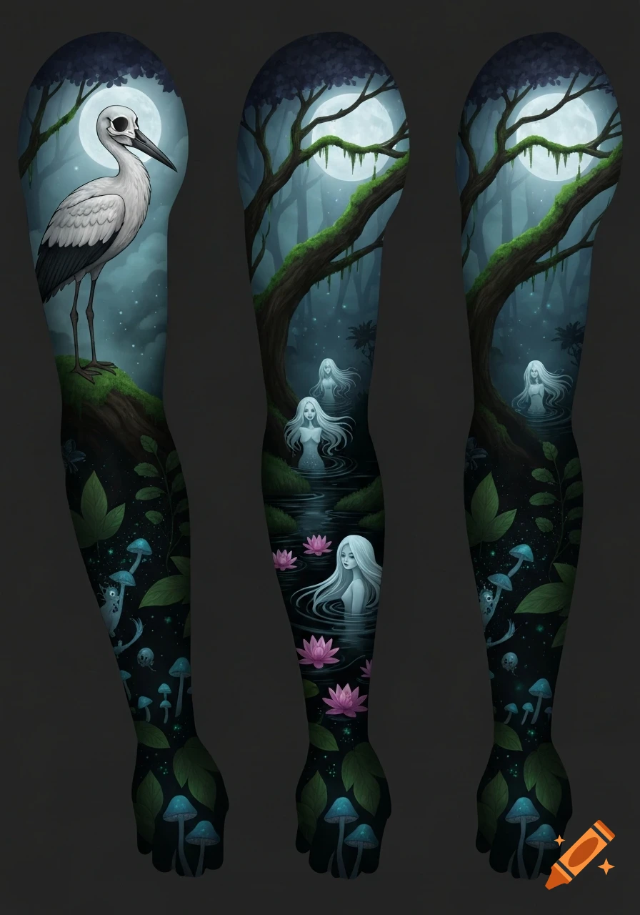 A full-sleeve tattoo design featuring a dark magical forest with a skull-headed stork, ghostly mermaids, and glowing mushrooms under a full moon.