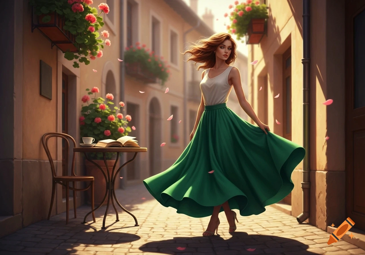 A photorealistic image of a woman in a flowing green skirt and white tank top on a cobblestone street with flower boxes.