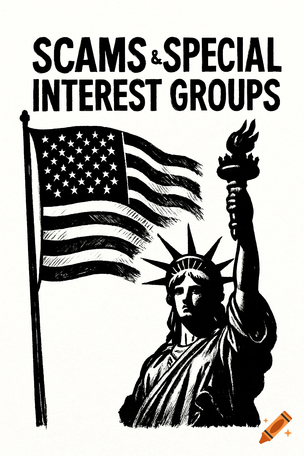 High contrast black and white image of the Statue of Liberty and an American flag, with text "SCAMS & SPECIAL INTEREST GROUPS" above them.