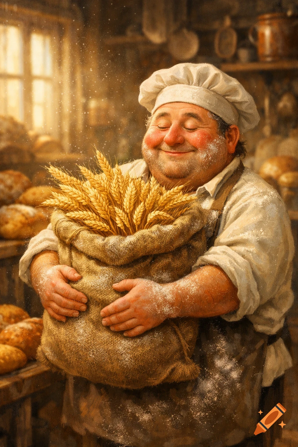 A cheerful baker with a flour-dusted face smiles as he cradles a sack brimming with golden wheat in a warm, rustic bakery.