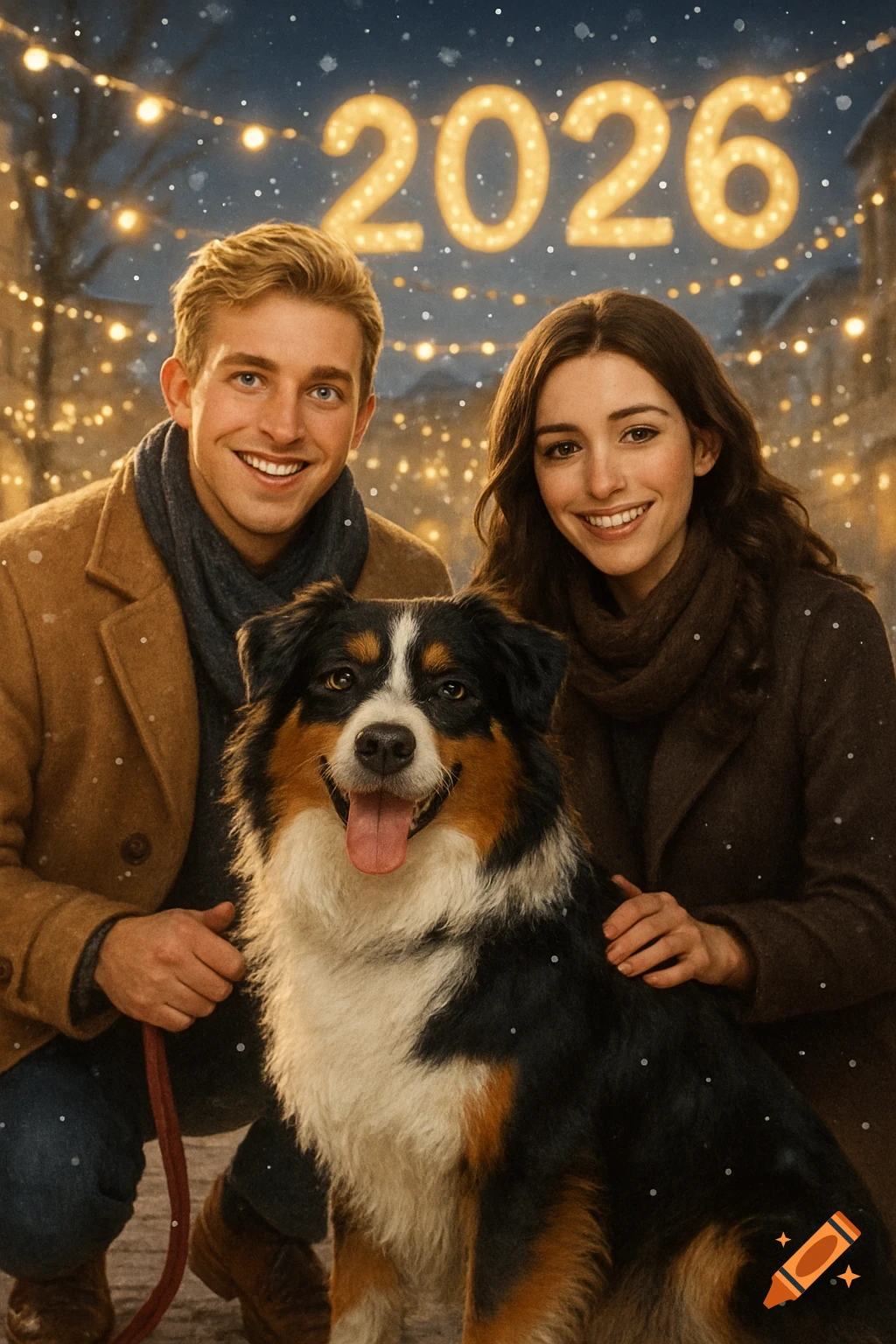 A smiling man and woman with a tricolor Australian Shepherd dog in a snowy outdoor setting with festive lights and '2026' above them.