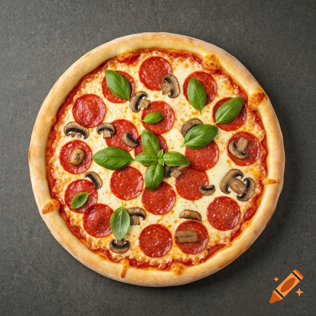 Overhead photo of a round pizza with pepperoni, mushrooms, and fresh basil leaves on a dark gray background.