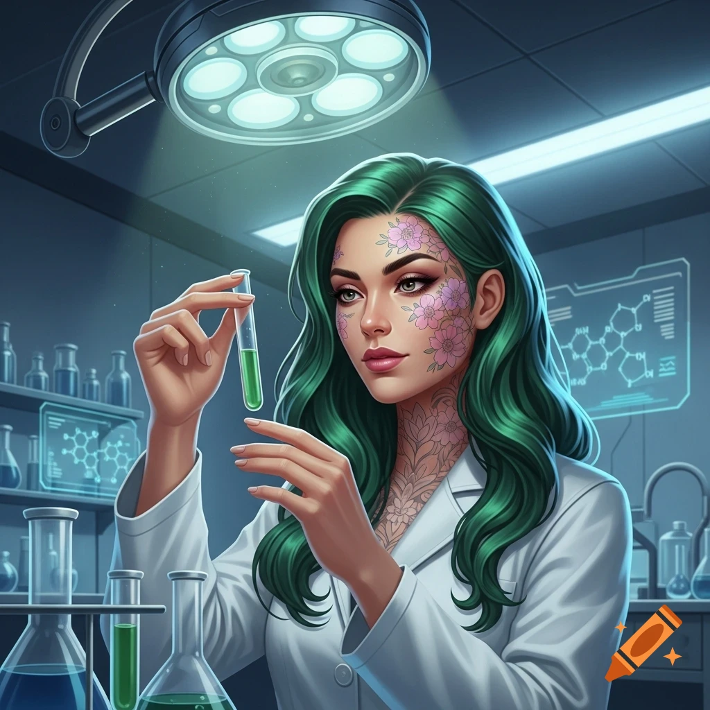 A woman with green hair and floral tattoos in a lab coat examines a test tube in a stylized laboratory.