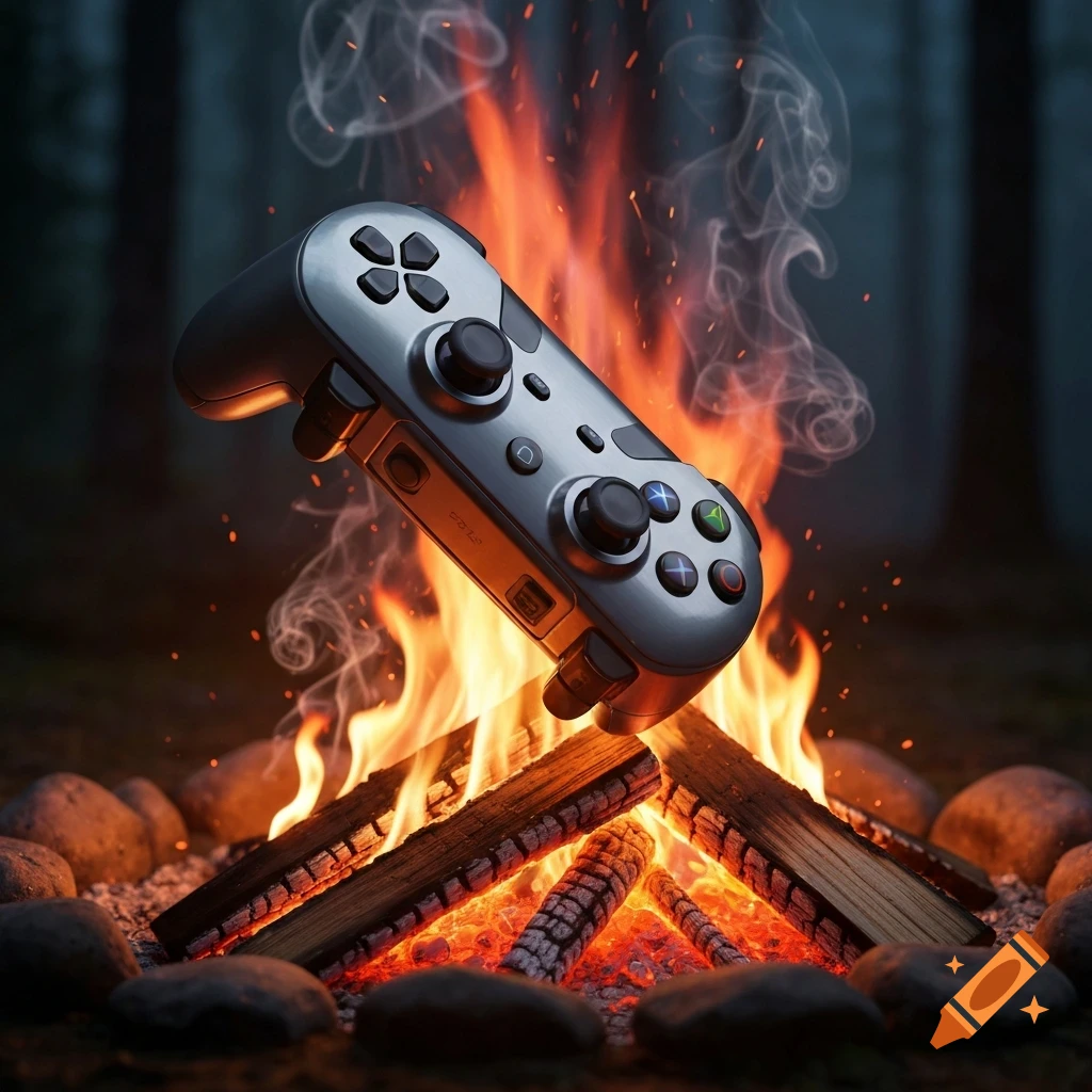 A grey gaming controller hovers over a vibrant campfire with logs and rocks, set in a dark, blurred forest.
