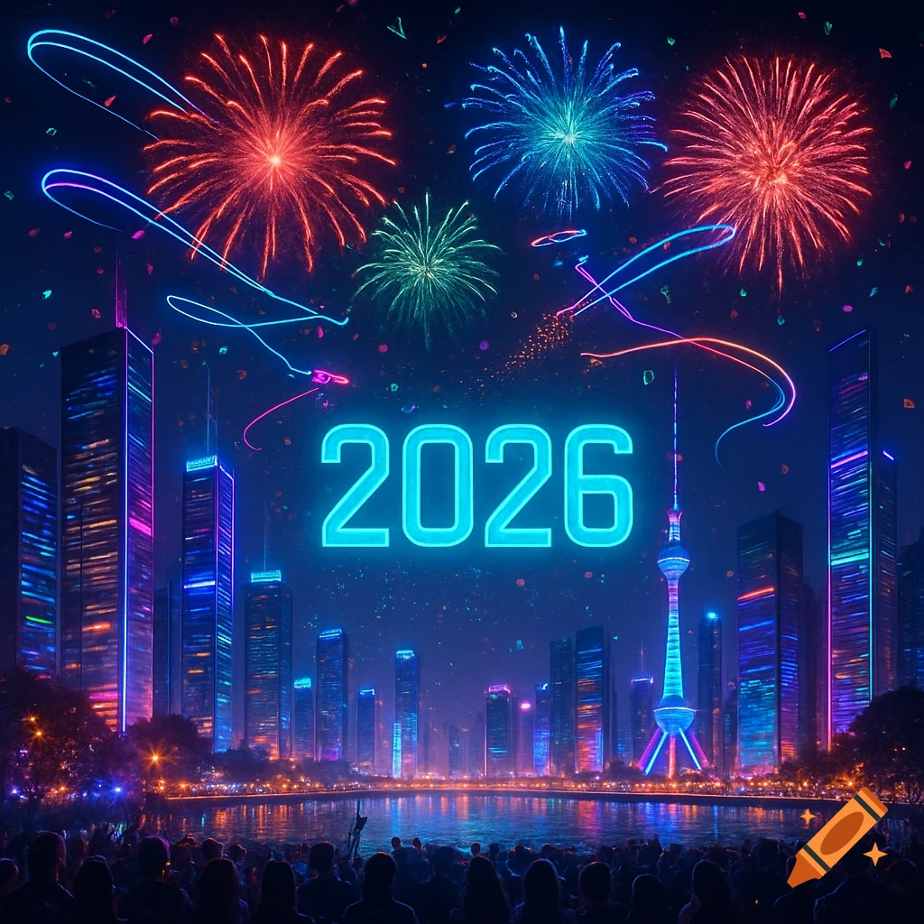 Night cityscape with bright fireworks exploding over a waterfront, glowing skyscrapers, and '2026' in neon blue light, with a crowd watching.