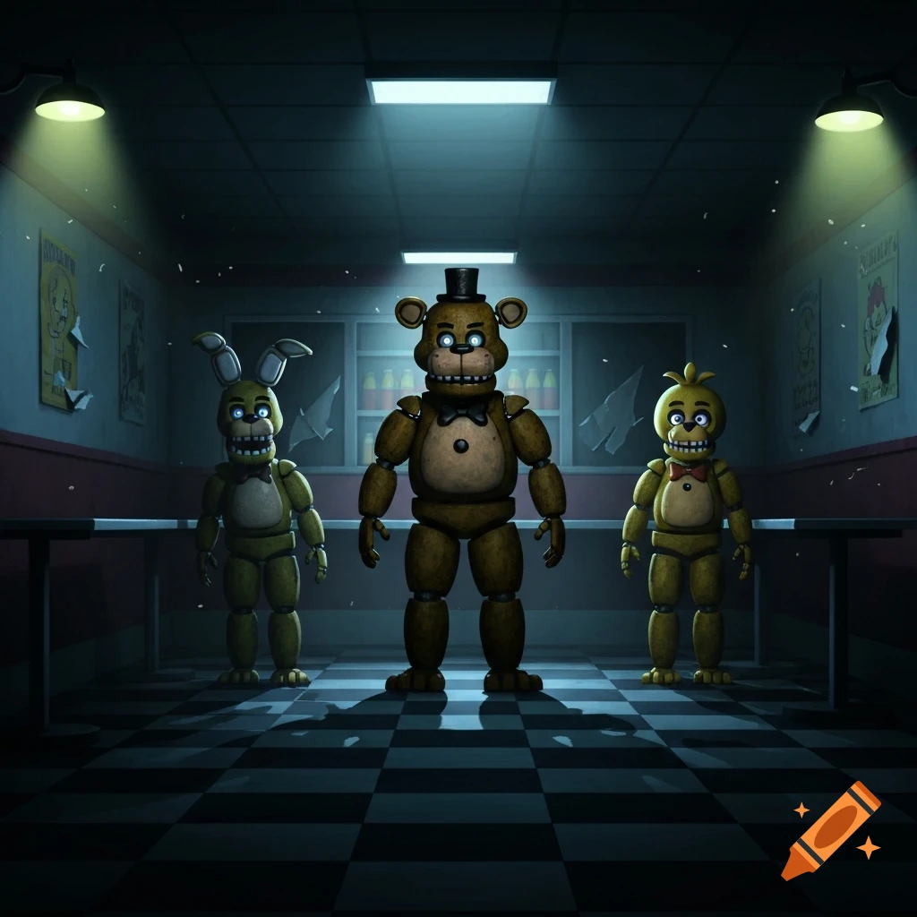 Three Five Nights at Freddy's animatronics Freddy, Bonnie, and Chica, stand in a dimly lit, eerie room with a checkered floor.