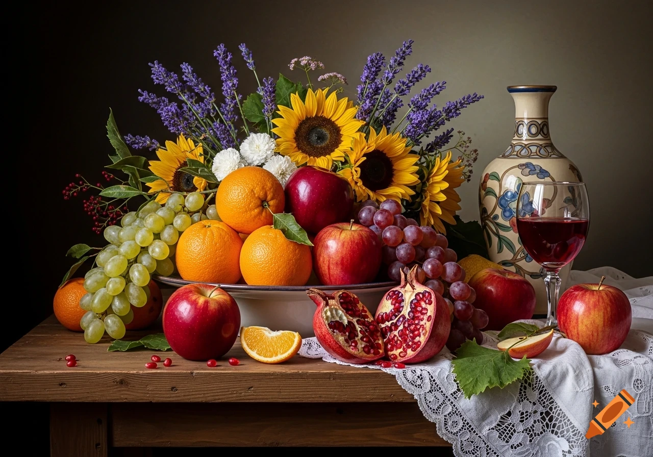 Photorealistic still life with grapes, apples, oranges, pomegranates, sunflowers, lavender, a vase, and red wine on a wooden table.