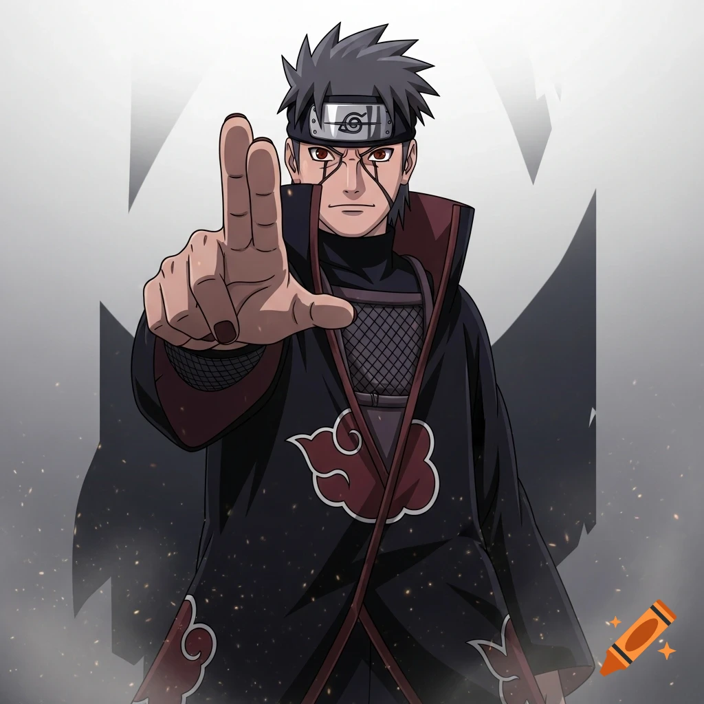 An anime character, Shisui Uchiha from Naruto, in an Akatsuki cloak and headband, points two fingers forward directly at the viewer.