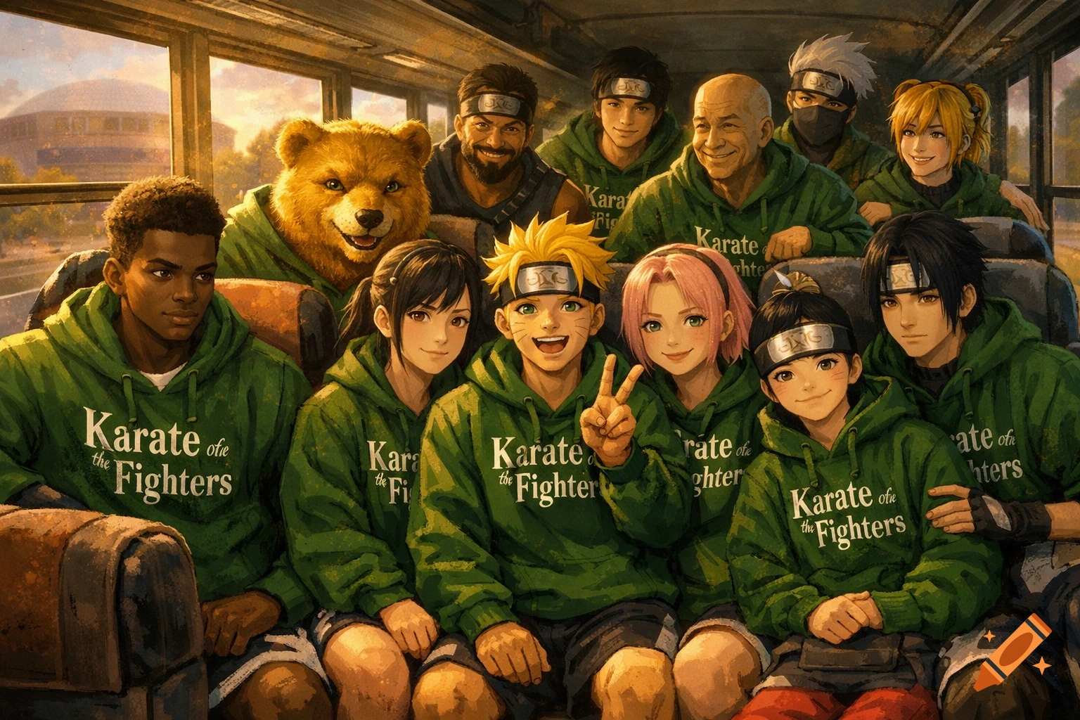 A diverse group of anime-style characters and a bear in green hoodies on a bus.