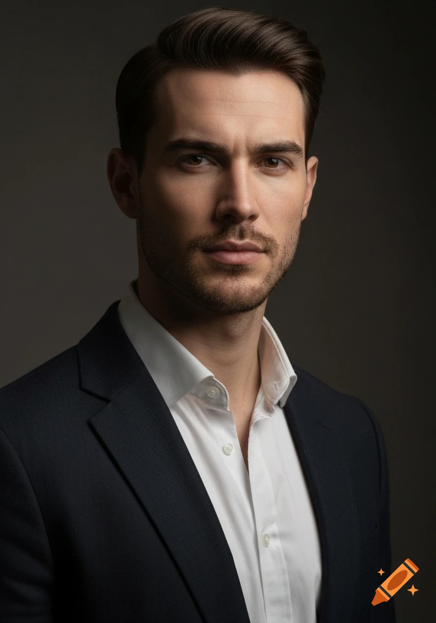 Photorealistic portrait of a young man with dark hair and a beard, wearing a dark suit and white shirt, looking directly forward.